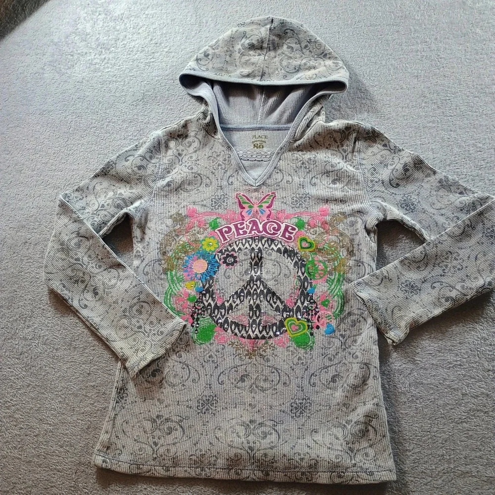 The Children's‎ Place Girls Peace Sign Hoodie Gray M 7/8 Waffle Knit Thermal